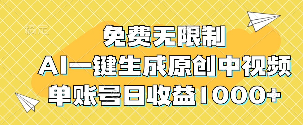 免费无限制，AI一键生成原创中视频，单账号日收益1000+-木木创业基地项目网