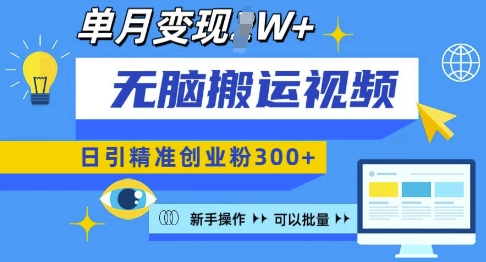 无脑搬运视频号可批量复制，新手即可操作，日引精准创业粉300+，月变现过W-木木创业基地项目网