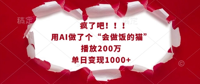 疯了吧！用AI做了个“会做饭的猫”，播放200万，单日变现1k-木木创业基地项目网