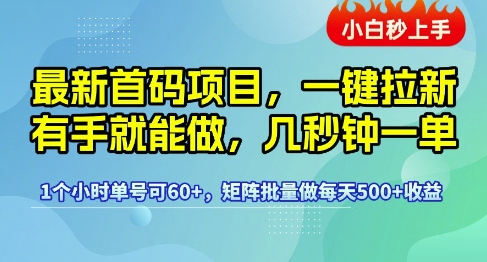 最新首码项目，一键拉新有手就能做，几秒钟一单，1个小时单号可60+，矩阵批量做每天5张-木木创业基地项目网